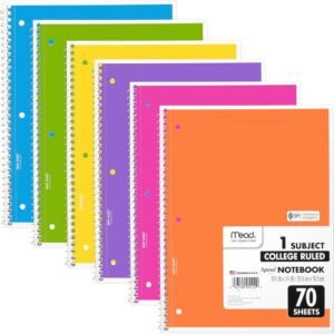 Mead College Ruled Spiral Notebooks, 6-Pack, 1 Subject, 70 Sheets, 7.5" x 10.5