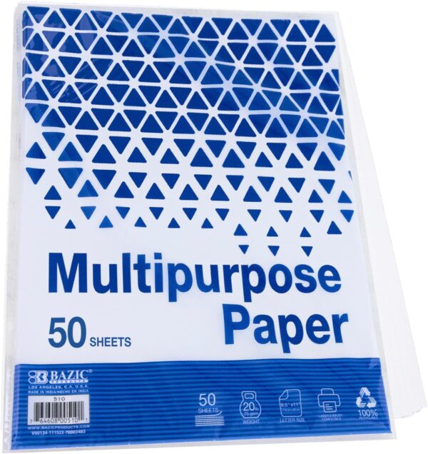 BAZIC Multipurpose White Copy Paper, 50 Sheets, 8.5" x 11", 20 lb (75 gsm)